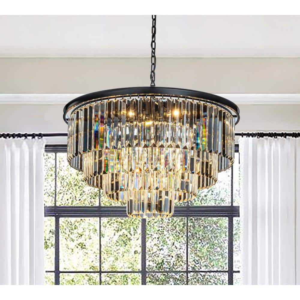 32in. 8-Light Modern Matte Black 4-Tier Round Crystal Fringe Chandelier for