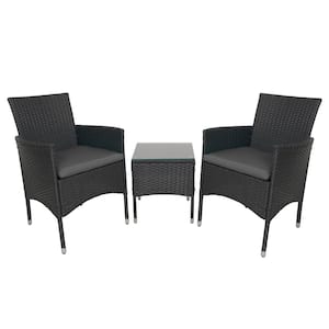 Black 3-Piece Wicker Outdoor Bistro Set with Gray Cushions