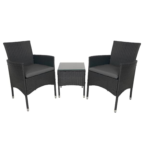 Zeus & Ruta Black 3-Piece Wicker Outdoor Bistro Set with Gray Cushions