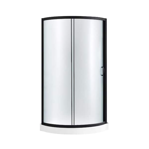Breeze 34 in. L x 34 in. W x 77 in. H Corner Shower Kit with Frosted Framed Sliding Door in Black and Shower Pan