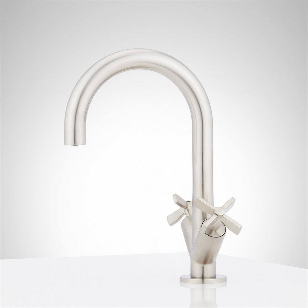 Brushed Nickel Gooseneck High Arc Bathroom Faucet with Cross Handles
