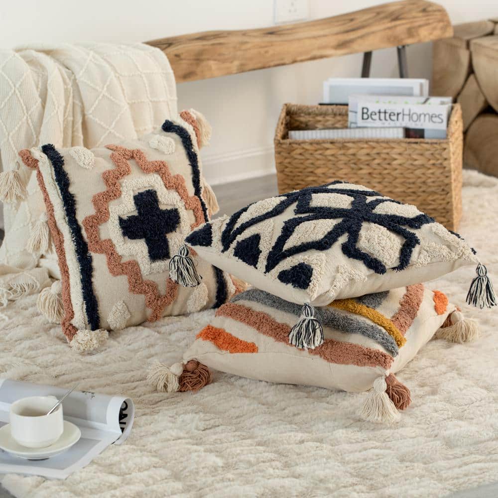 16" Beige and Navy Cotton Throw Pillow with Tassels