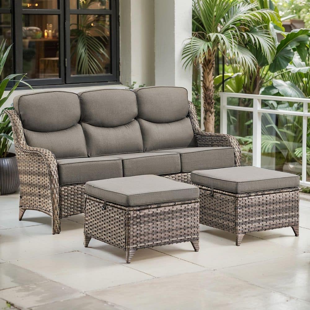 Arcadia 3-Piece Gray Wicker Outdoor 3-Seat Couch with High Curved Back and 6 in. Thick Gray Cushions and Ottomans price history on PriceWatchPro