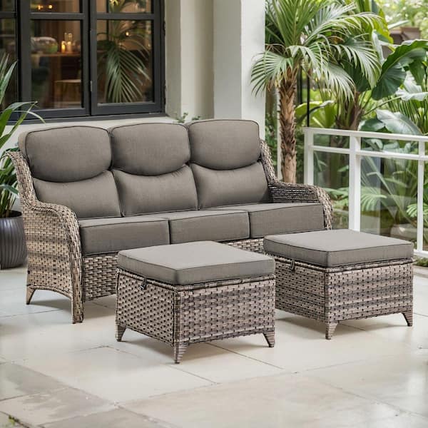Arcadia 3-Piece Gray Wicker Outdoor 3-Seat Couch with High Curved Back and 6 in. Thick Gray Cushions and Ottomans