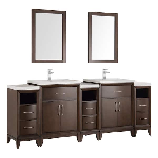 Fresca Cambridge 84 in. Vanity in Antique Coffee with Porcelain Vanity Top in White with White Ceramic Basins and Mirror