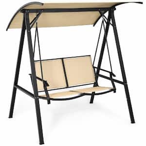 2-Person Black Metal Patio Swing with Canopy in Beige
