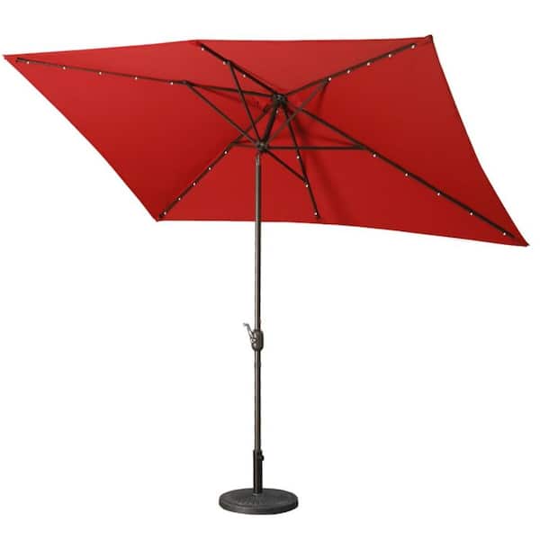 Huluwat 6.5 ft. x 10 ft. Aluminum Market Solar Tilt Patio Umbrella in Red with LED Light for Garden, Deck, Backyard, Pool