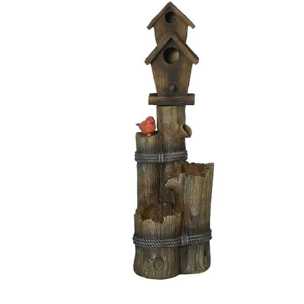 Beautiful 34.75 in. Weather-Resistant Resin Cascading 3-Tier Tree Trunk Design Waterfall Fountain with LED Lights