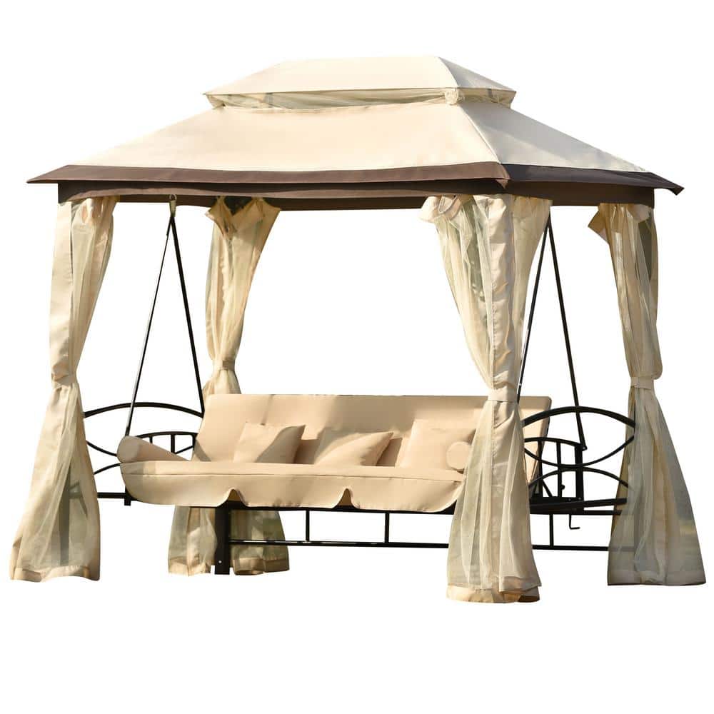 URTR 3-Person Metal Patio Swing Bench with Gazebo Outdoor Convertible Swing Daybed with Mosquito Netting, Beige Cushion -  HY03095Y