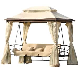 3-Person Metal Patio Swing Bench with Gazebo Outdoor Convertible Swing Daybed with Mosquito Netting, Beige Cushion