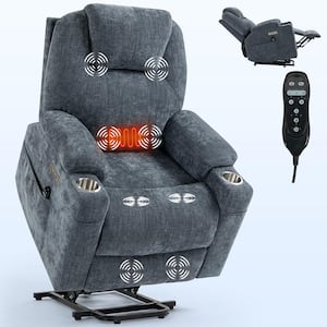 Blue Chenille Fabric Electric Lift Recliner Chairs Power Recliner Chair with USB Port Cup Holder and Storage Pocket