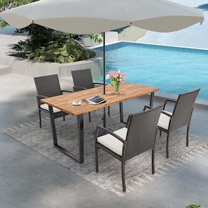 5 Piece Wicker Outdoor Dining Set Acacia Wood Table 4 Wicker Chairs with Umbrella Hole and Off White Cushions