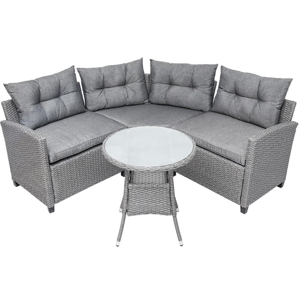 FORCLOVER 4-Piece Wicker Patio Conversation Set with Gray Cushions and Round Table