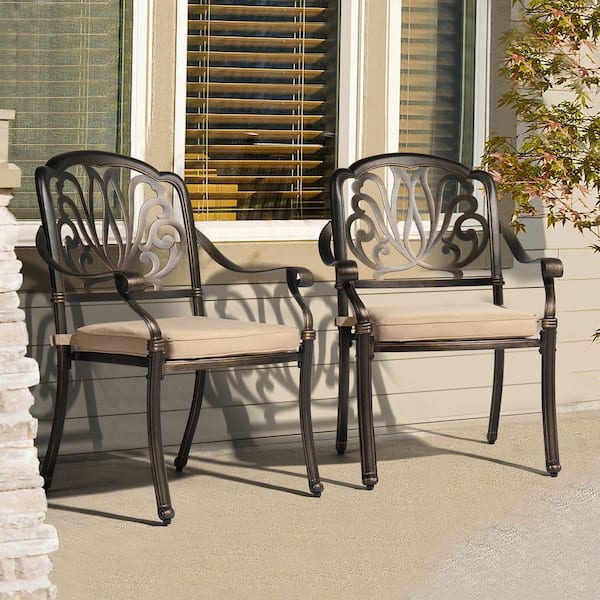 Bronze Cast Aluminum Outdoor Dining Chair with Beige Cushion (2-Pack)