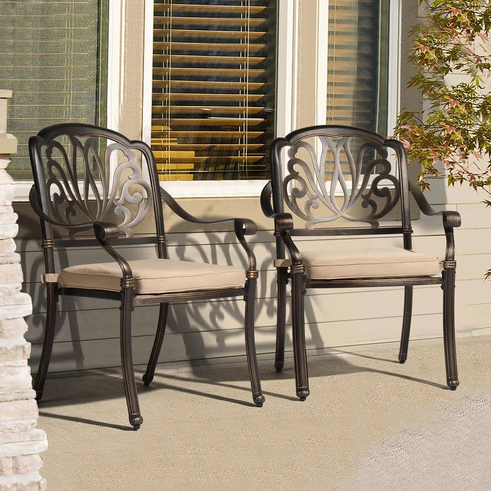 Winado Bronze Cast Aluminum Outdoor Dining Chair with Beige Cushion (2-Pack)
