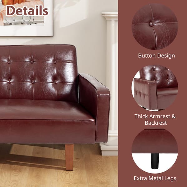 WONDER COMFORT Mid-Century Modern 74 in. Red Brown Faux Leather