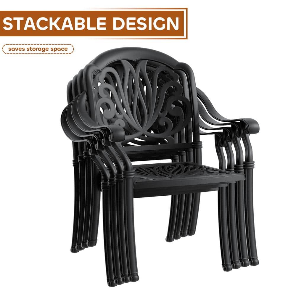 Matte Black Cast Aluminum Dining Chairs with Cushions, Set of 6