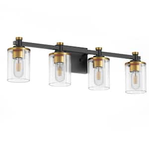 28 in. 4-Light Modern Black and Gold Bathroom Vanity Light with Clear Glass Shades for Bathroom and No Bulbs Included