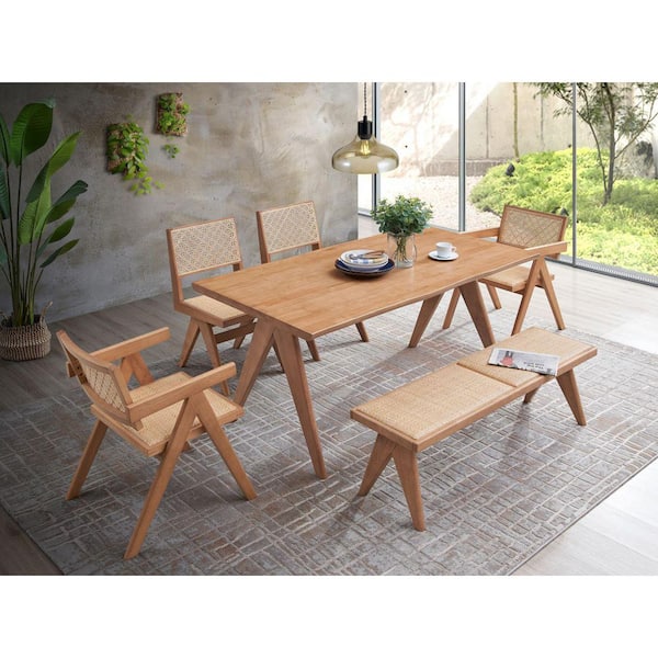 Sudzendf 5-Piece Synthetic Wood Outdoor Dining Set, Rattan Furniture Set for Garden Backyard Balcony Natural (No Bench Included)
