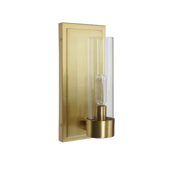 Home Decorators Collection Closmere 5 in. 1-Light Brushed Gold Mid-Century Modern Wall Sconce with Clear Glass Shade