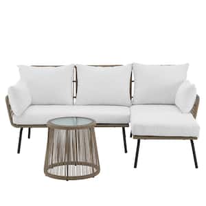 3-Piece L-Shaped Wicker Rattan Outdoor Patio Sectional Furniture Set with White Cushioned Seat and Table