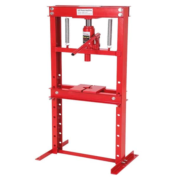 Heavy Duty H-Frame Red 12-Ton Hydraulic Shop Press for Automotive Repair, Bearing and U-Joint Work