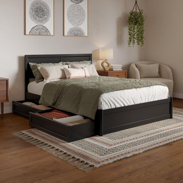 Lylah Black Wood Frame Full Platform Bed with Panel Footboard and Storage Drawers