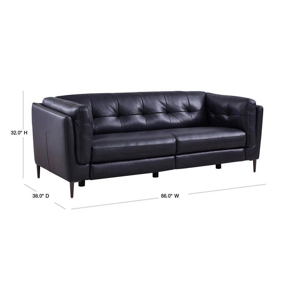 Navy Tufted Leather Power Reclining Sofa with Wood Frame
