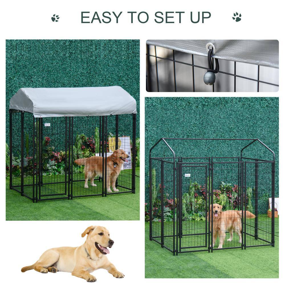 Large Black Steel Outdoor Dog Kennel with UV-Resistant Roof