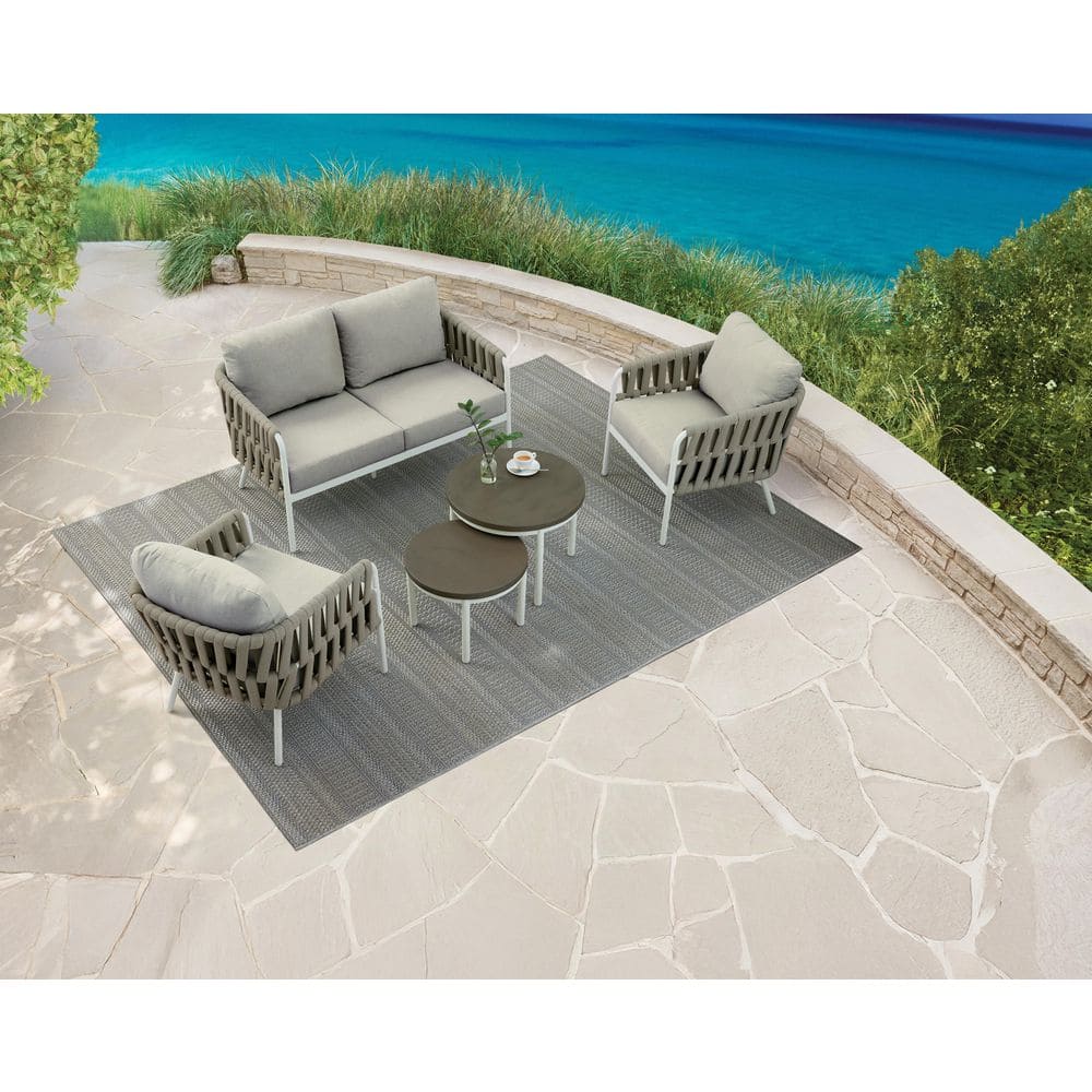 Baywood 5-Piece White Metal with Woven Rope Outdoor Conversation Set with CushionGuard Cushions in Grey