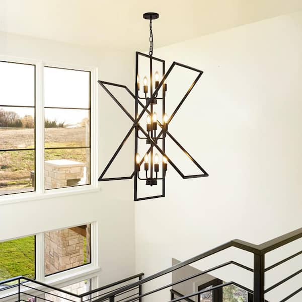 Rotalable 12-Light Vintage Black Modern Industrial Semi Flush Chandelier Light Fixture for Dining Room Kitchen Island