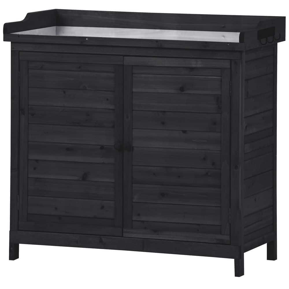 39 in. Wood Potting Bench, 2-Tier Storage Cabinet, Handy Side Hooks for Gar