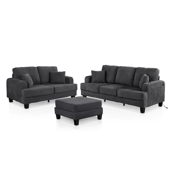 Kasin 3-Piece Dark Gray Chenille Small Space Living Room Set with USB Ports and Cup Holders