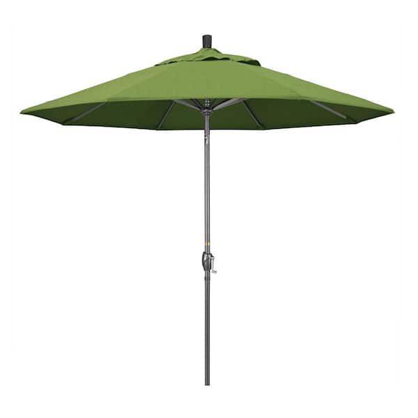 California Umbrella 9 ft. Hammertone Grey Aluminum Market Patio Umbrella with Push Button Tilt Crank Lift in Spectrum Cilantro Sunbrella
