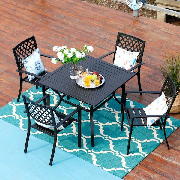 PHI VILLA Black 5-Piece Metal Outdoor Patio Dining Set with Slat Square Table and Elegant Stackable Chairs