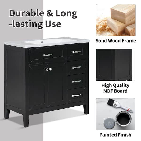 Ximuprmy 36 in. Bath Vanity Cabinet without Top in Black, Solid