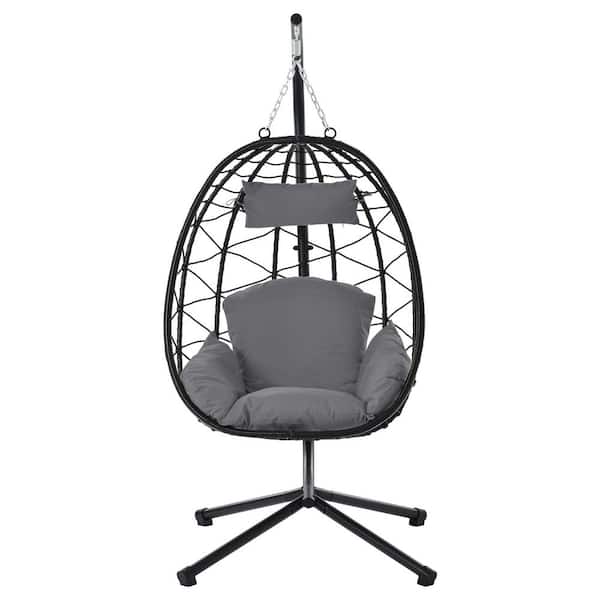 37.4 in. W 1-Persons Black Steel and Wicker Patio Swing Egg Chair with Stand Hanging with Dark Grey Cushion