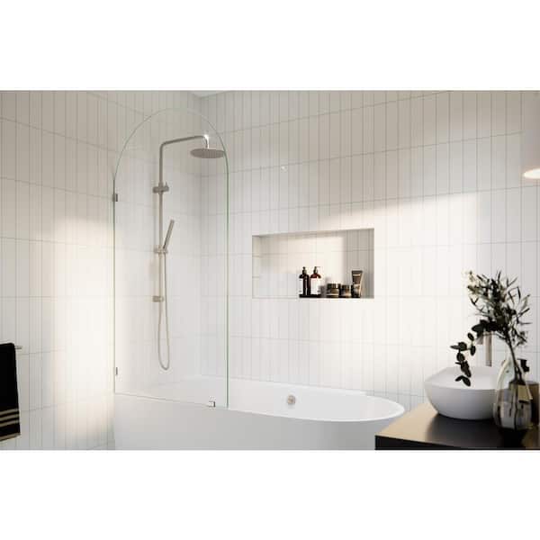 Glass Warehouse Venus 34 in. W x 66.75 in. H Single Fixed Frameless Arched Tub Door in Brushed Nickel without handle