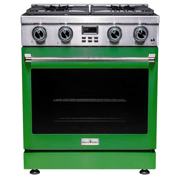 Pro-Style 30 in. 4-Burner Slide-in Gas Range with Convection in Stainless Steel with Green Oven Door