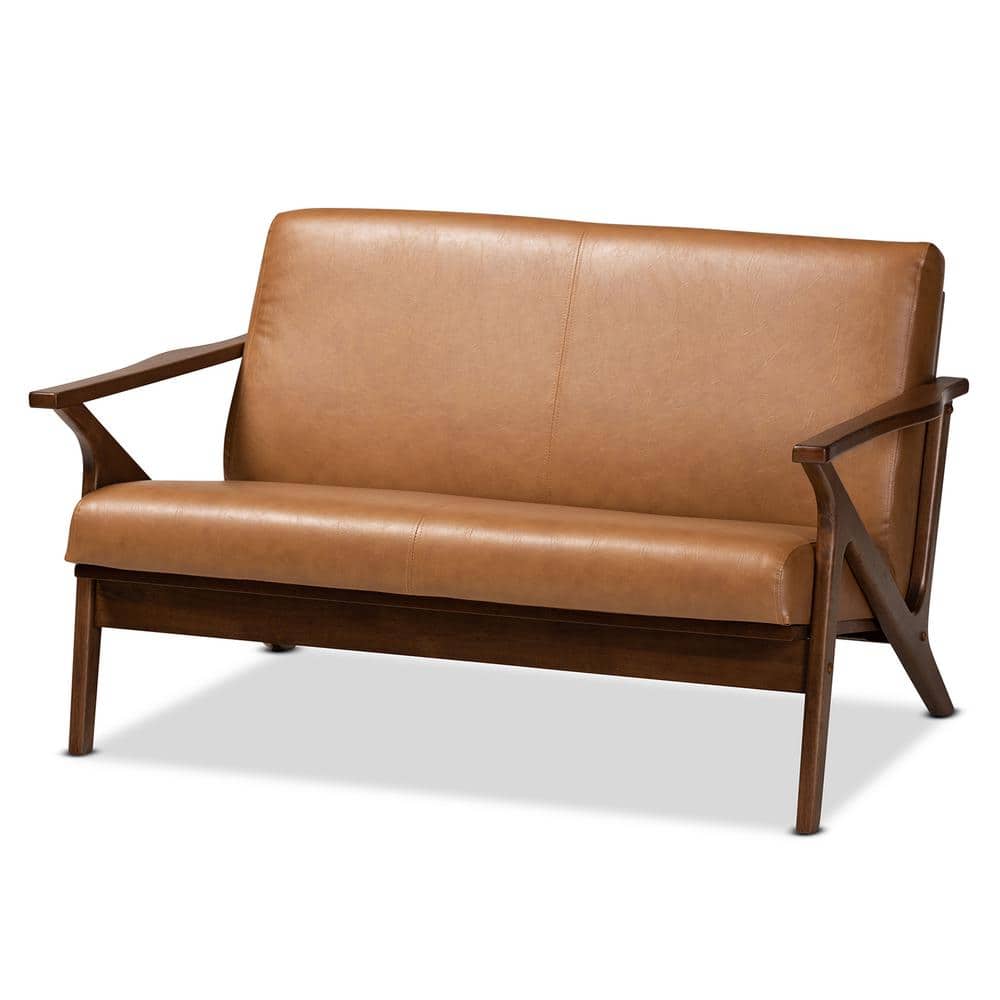 Mid-Century Modern Tan Faux Leather and Walnut Wood Loveseat