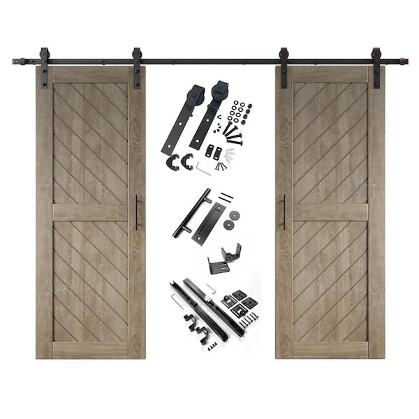 HOMACER XT2 26 in. x 80 in. C-Panel Classic Gray Slanted Stripe Design Double Pine Wood Sliding Barn Door with Hardware Kit
