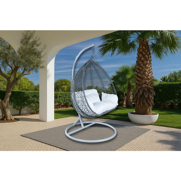 Hanging Metal Porch Swing Chair in Grey Stainless Steel Frame with Cushions Recluse Collection in White