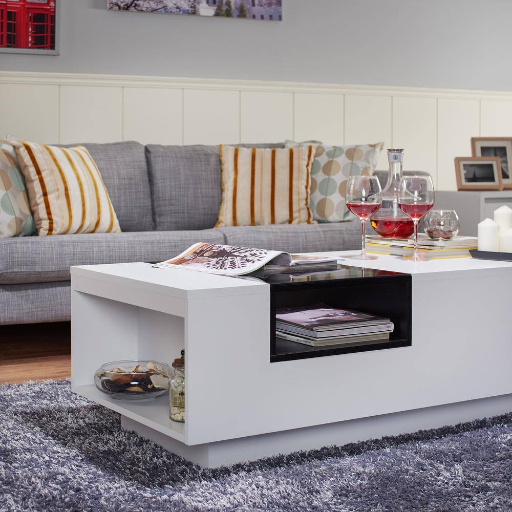 Murphey 47-inch White and Black Glass Top Coffee Table with Storage