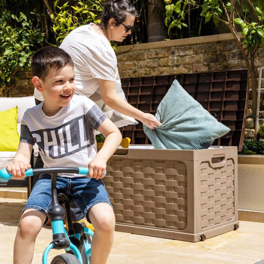 Mocha Lockable Plastic Wicker Deck Box with Wheels