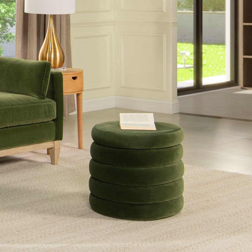 Green Velvet Boucle Round Storage Ottoman