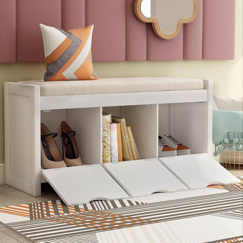 GOSALMON White Storage Bench with Removale Cushion and 3 Flip Lock ...