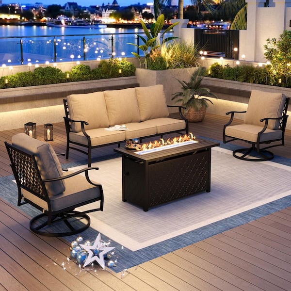 PHI VILLA Black Metal Meshed 5 Seat 4-Piece Steel Outdoor Fire Pit Patio Set with Beige Cushions, Black Rectangular Fire Pit Table