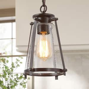 Asaf Modern Farmhouse 1-Light Oil-Rubbed Bronze Island Pendant Light with Bell Seeded Glass Shade Mini Lantern for Foyer