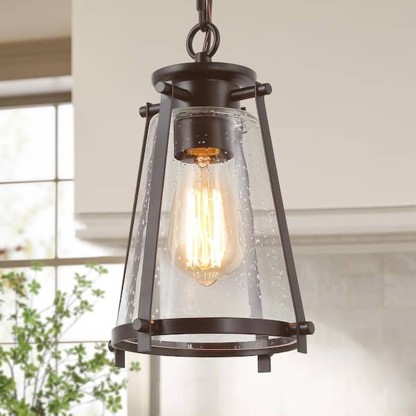 Asaf Modern Farmhouse 1-Light Oil-Rubbed Bronze Island Pendant Light with Bell Seeded Glass Shade Mini Lantern for Foyer