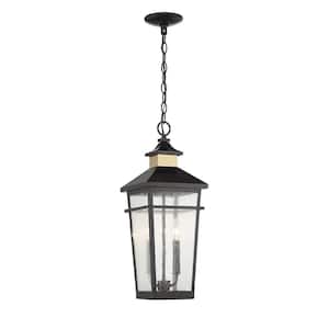 Kingsley 8.50 in. W x x 22.5 in. H 2-Light Matte Black with Warm Brass Outdoor Pendant Light with Seedy Glass Panes